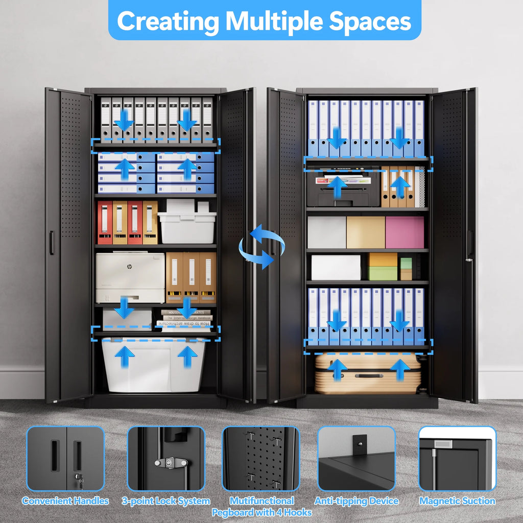 GangMei 71 Inches Tall Metal Garage Storage Cabinets with 5 Adjustable Shelves & Pegboards, Lockable Steel Black Storage Cabinet with Doors for Office, Home, School, Shops, Garage, Assembly required