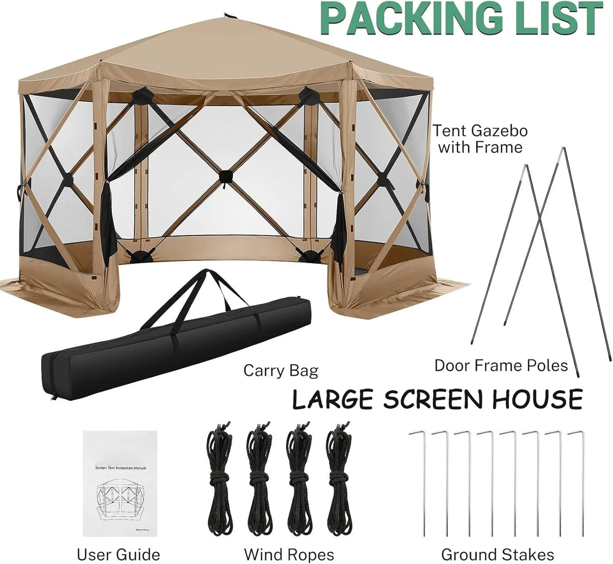 COBIZI 12x12 Pop Up Canopy Gazebo, Outdoor Canopy Tent Screen House with 5 sidewalls and Netting for Camping, Waterproof, UV Resistant, Ez Set-up Party Tent with Carrying Bag and Ground Stakes,Brown