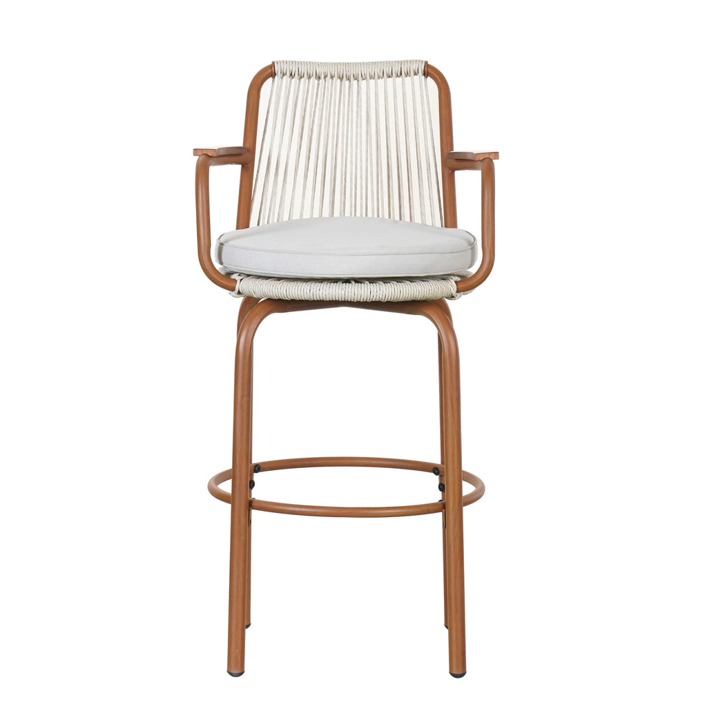 Lyric Modern 29" Outdoor Patio Bar Stools, Bar Chairs with Wood Grain Finish Frame with Hand-Woven PE Rattan Rope, Removable Cushions, Teak+Beige, Set of 2