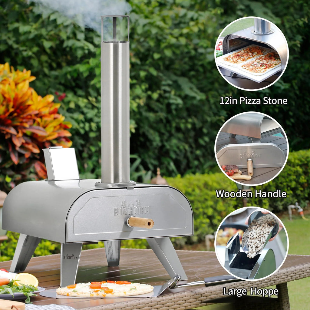 Big Horn Outdoors Wood Pellet, Wood Fired, Stainless Steel Pizza Oven (Silver)