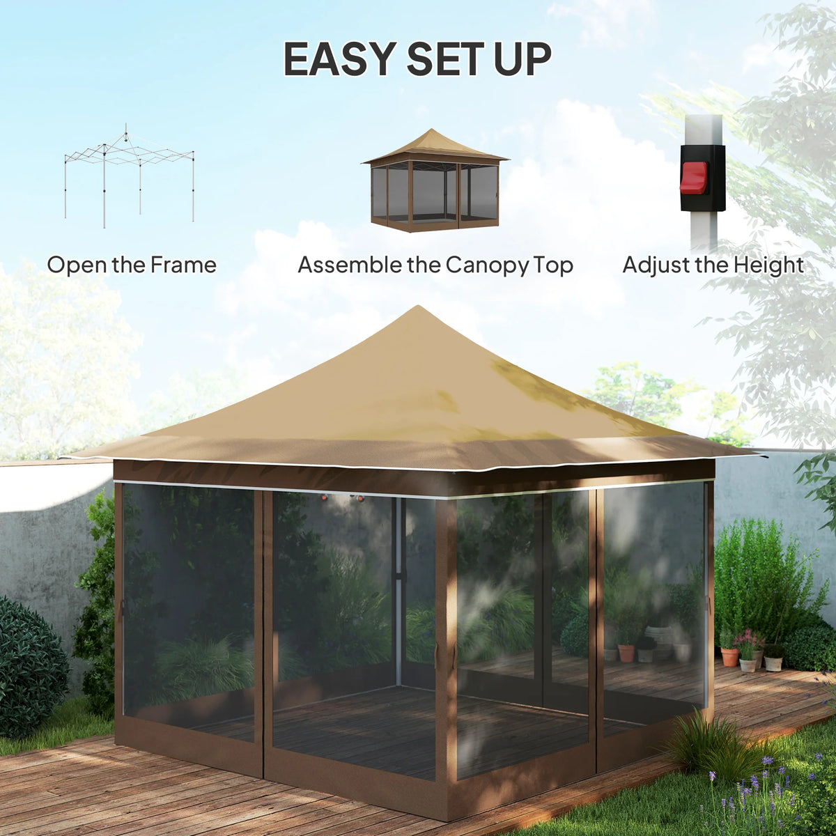 Outsunny 12 x 12 ft. Pop Up Canopy Tent with Mesh Netting, Height Adjustable, UPF50+ Instant Sun Shelter, Beige