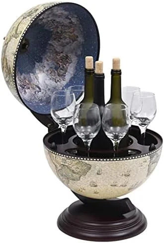 Green & Brown Tabletop Globe Wine Stand - Eucalyptus Wood with Antique Replica Frescoes and 16th  Nautical Maps - Assembly Required