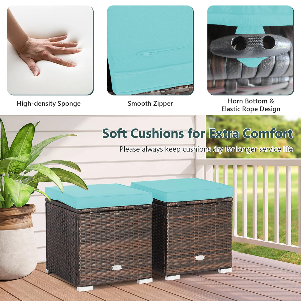 Costway 2PC Patio Rattan Ottoman Seat Side Table Storage Box Footrest Off White