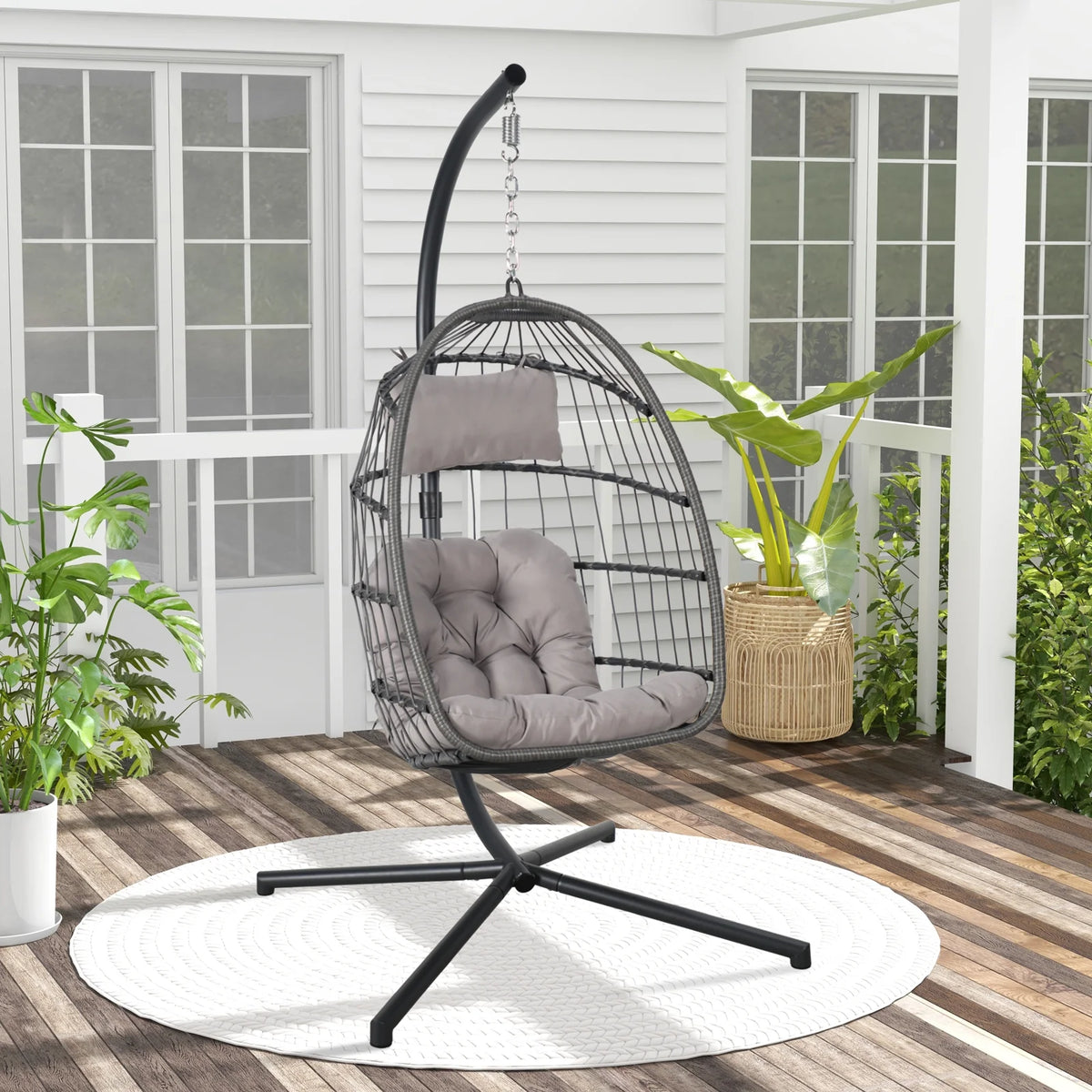 Indoor Outdoor Swing Egg Chair with Stand, Patio Foldable Grey Wicker Rattan Hanging Chair with Cushion, Light Gray