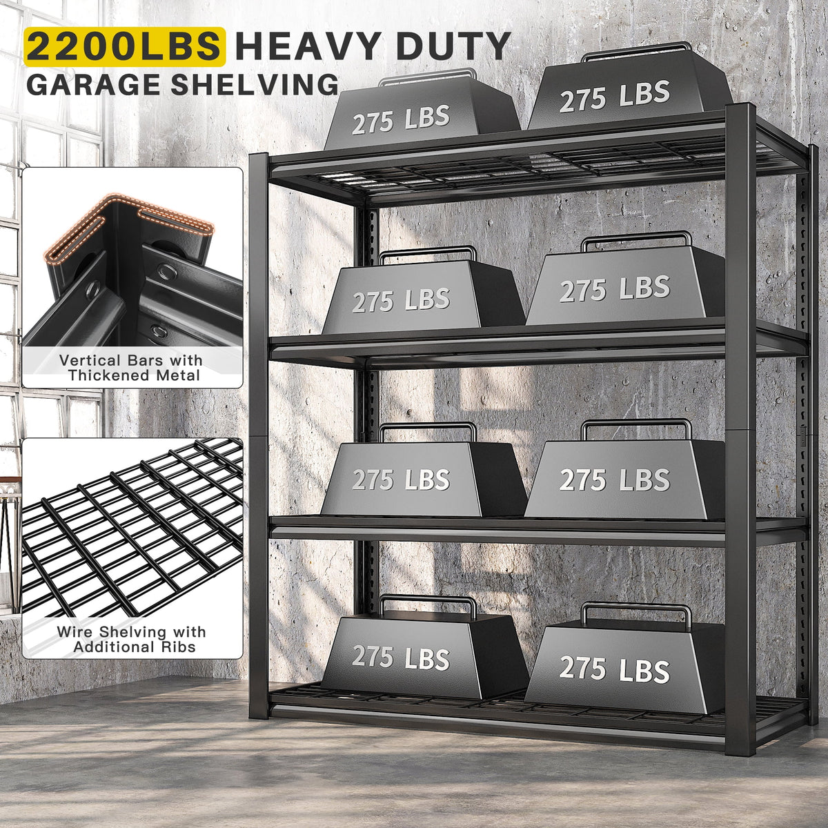 REIBII 2200LBS Garage Shelving Units Heavy Duty  Adjustable Metal Shelving 4 Tier Storage Shelves,39.4" W x 19.7" D x 59.9H