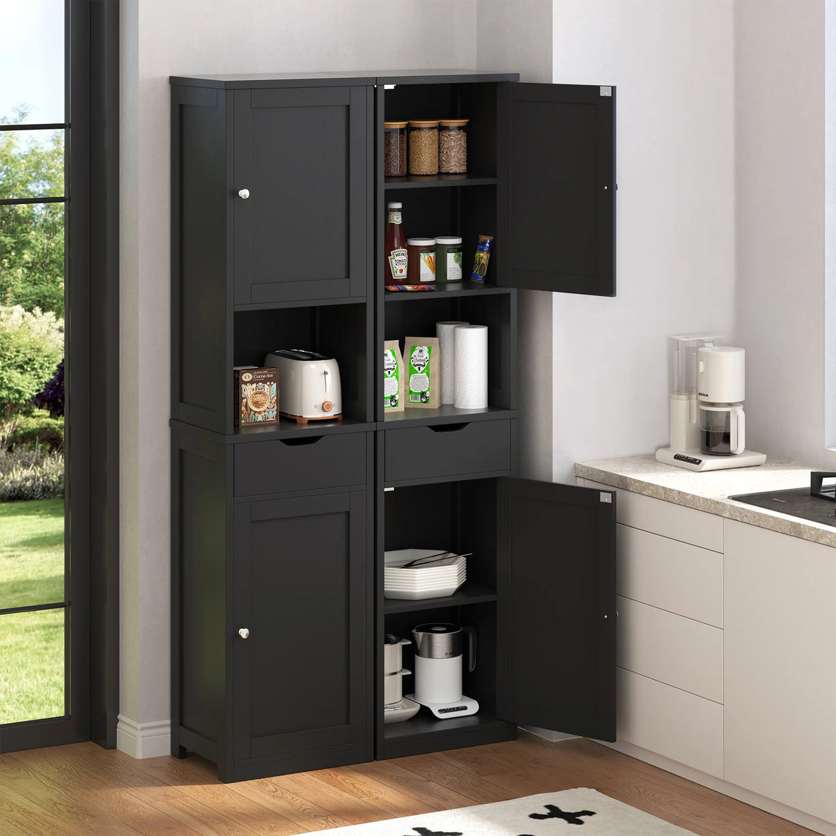 Walsunny Bathroom Storage Cabinet 64" Tall Wooden Kitchen Cupboard Pantry Cabinet with Doors Shelves Drawer Black
