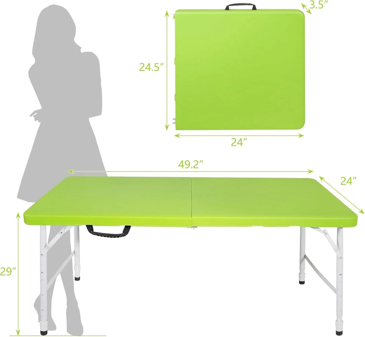 Folding Table with Carry Handle, Portable Fold-in-Half Plastic Table, Rectangle Foldable Table for Indoor