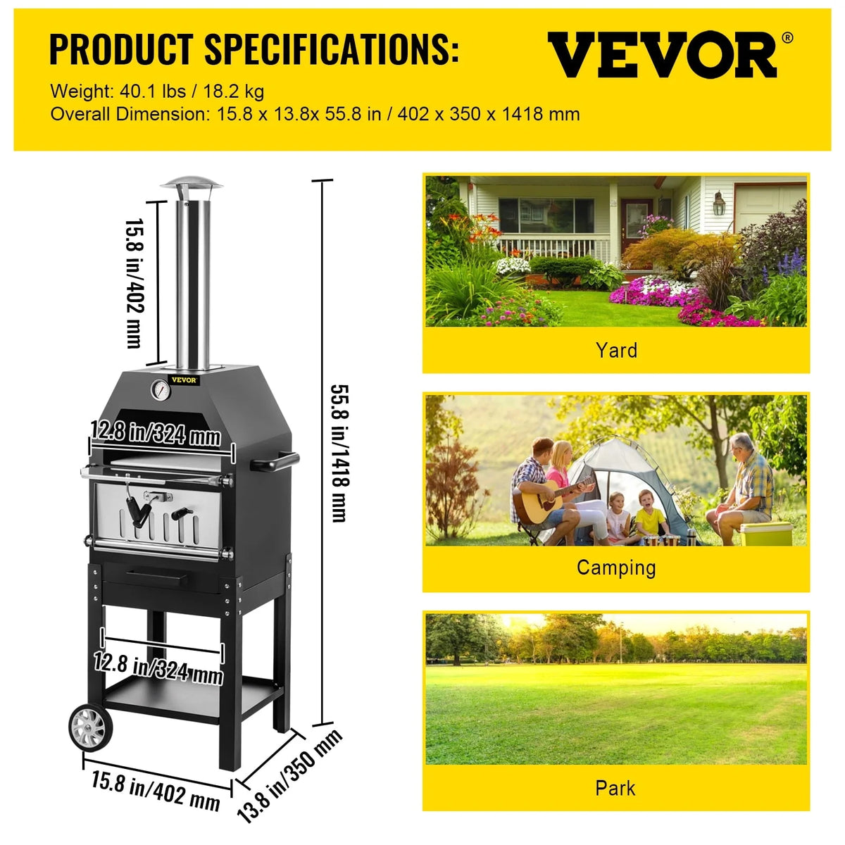 VEVOR Outdoor Pizza Oven, 12" Wood Fire Oven, 2-Layer Pizza Oven Wood Fired, Wood Burning Outdoor Pizza Oven with 2 Removable Wheels, Wood Fired Pizza Maker Ovens