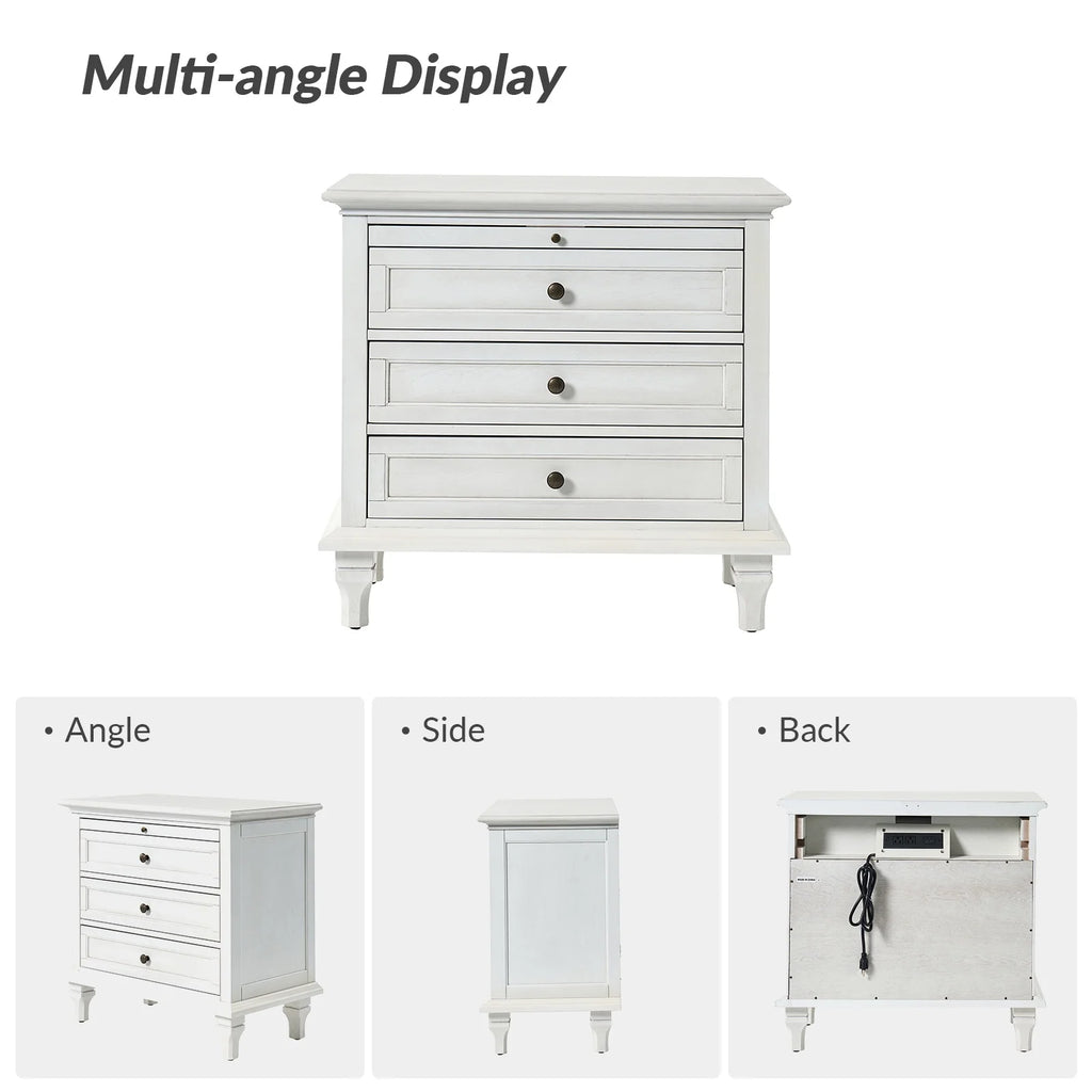Farmhouse 3 Drawers Nightstand with Tray Bedside Table with Charging Station Acorn