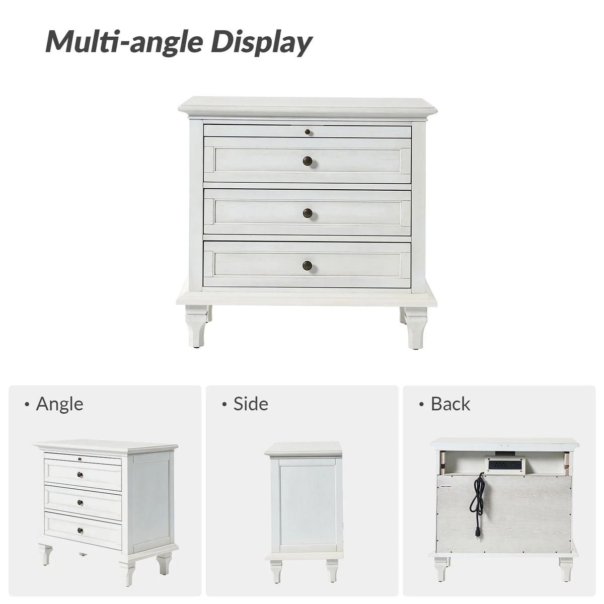 Farmhouse 3 Drawers Nightstand with Tray Bedside Table with Charging Station Acorn