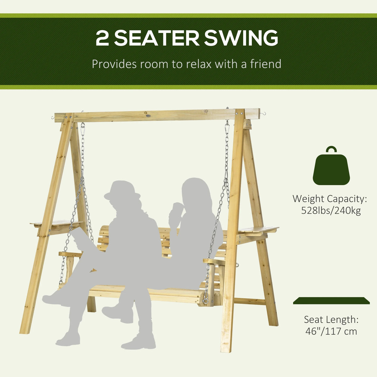 Outsunny 2-Seat Outdoor Swing Chair, Porch Swing with Stand and Side Tables, for Garden, Poolside, Backyard, Natural
