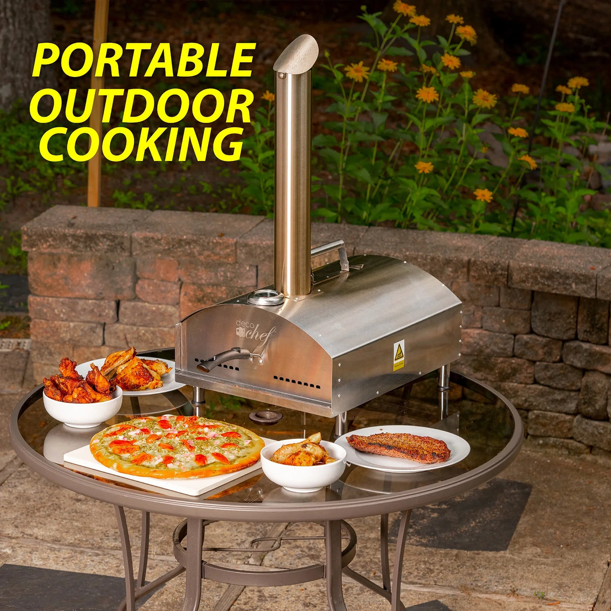 Deco Chef Outdoor Pizza Oven with 2-in-1 Pizza and Grill Oven Functionality, 13" Pizza Stone, Portable 3-Layer Stainless Steel Construction, Pizza Peel, Dough Scraper, Scoop, Slotted Grill (Black)