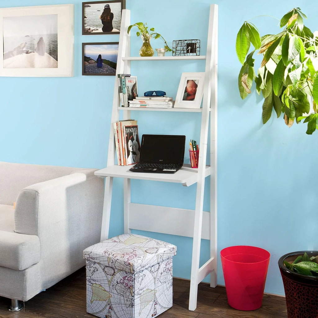 Haotian FRG60-W, White Ladder Shelf Desk, Bookcase, Book Shelf, Leaning Desk With Shelves, Wall Shelf