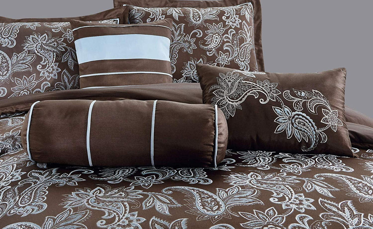 Chezmoi Collection Floral 7 Piece Bedding Sets, Queen with Comforter, Shams, Bed Skirt, Cushion, Breakfast Pillow, Neck Roll