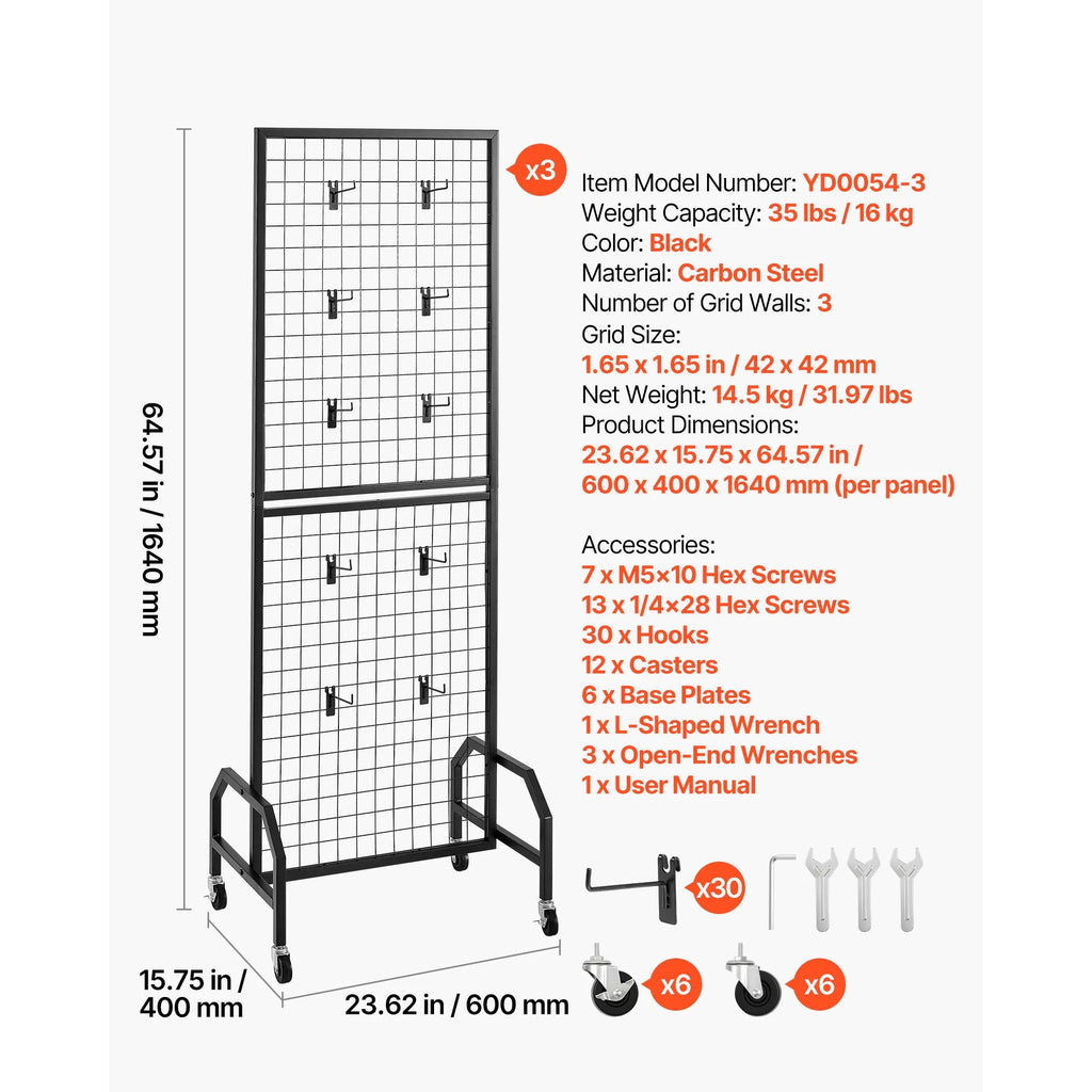 KFFKFF 3-Pack Grid Wall Panels, 1.9 x 5.4 ft Wire Display Racks with Wheels and 30 Hooks, Black Carbon Steel Panels for Craft Fairs, Decoration, Storage, and Message Boards