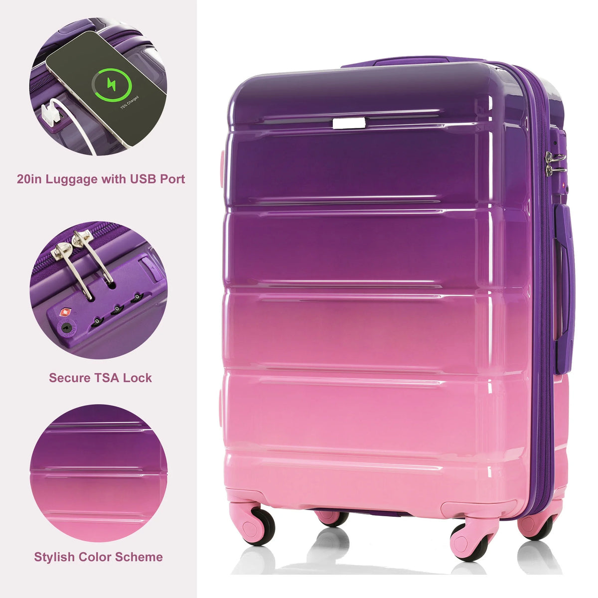 PAPROOS 3-Piece Luggage Set (20''/24''/28''), Hardshell Lightweight Suitcase with USB Port and Side Hooks, Travel Luggage with TSA-Lock, Hardside Rolling Luggage for School, Travel, Pink