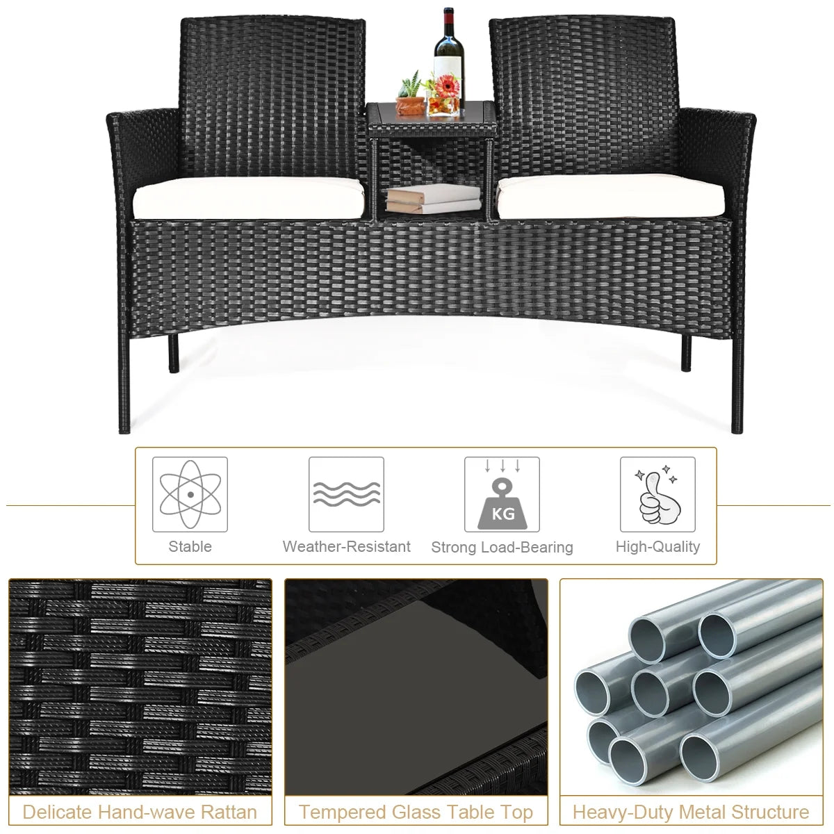 Costway Patio Rattan Conversation Set Seat Sofa Cushioned Loveseat Chairs Turquoise