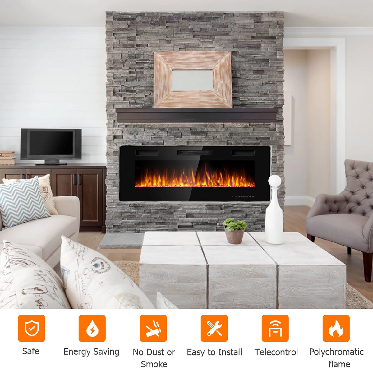 Costway 36'' Electric Fireplace Recessed Ultra Thin Wall-Mounted Heater w/Multicolor Flame
