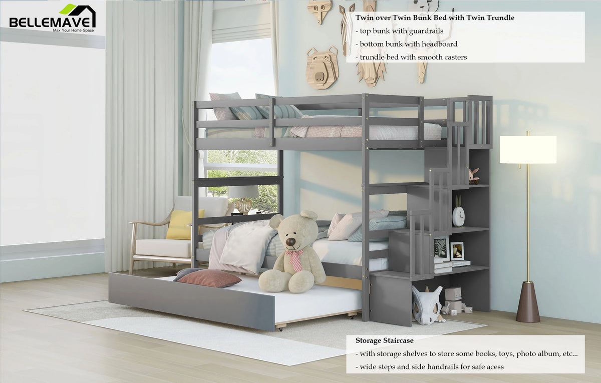 Bellemave Twin over Twin Stairway Bunk Bed with Trundle Wooden Bunk Bed Frame with Guardrails and Staircase, Twin Size Bunk Bed with Storage Stairs for Kids, Teens, Gray