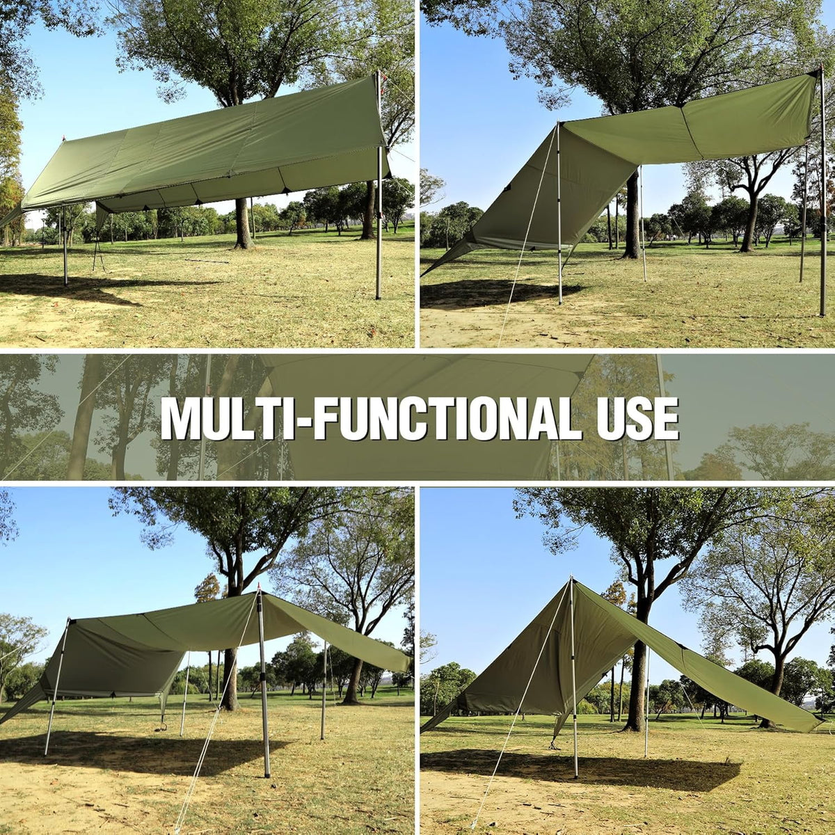 REDCAMP Large 10x17ft Waterproof Camping Tarp, Portable Hammock Rain Fly with 4 Collapsible Tarp Poles, 8 Guy Lines & Stakes, Backpacking Tent Shelter for Camping, Hiking, Beach (4 Poles)