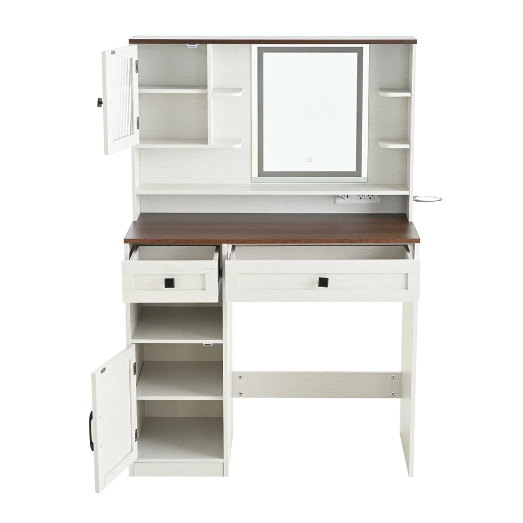 Farmhouse Makeup Vanity Desk with Mirror and Lights,Dressing Table Set with Charging Station and Stool,Drawers,Shelves and Side Cabinet,White