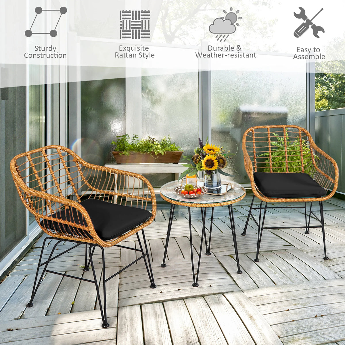 Costway 3PCS Patio Rattan Bistro Furniture Set Cushioned Chair Table Navy