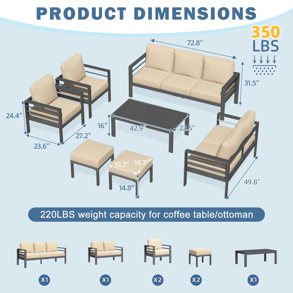 AECOJOY Aluminum Outdoor Furniture Set, 7 Pieces Metal Patio Furniture on sale Outdoor Couch Patio Conversation Set - Light Grey