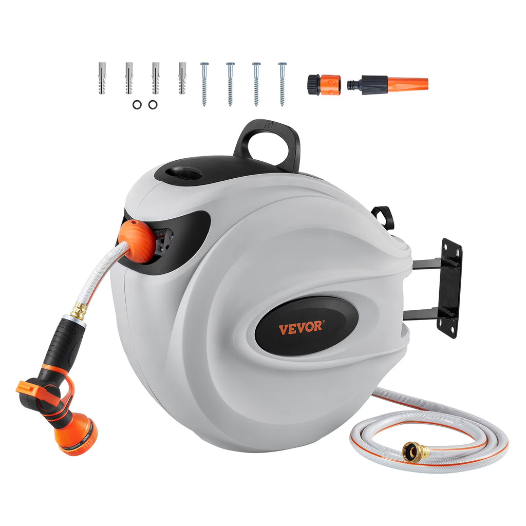 VEVOR Retractable Hose Reel, 84 ft x 5/8 inch, 180 Swivel Bracket Wall-Mounted, Garden Water Hose Reel with 9-Pattern Nozzle, Automatic Rewind, Lock at Any Length, and Slow Return System