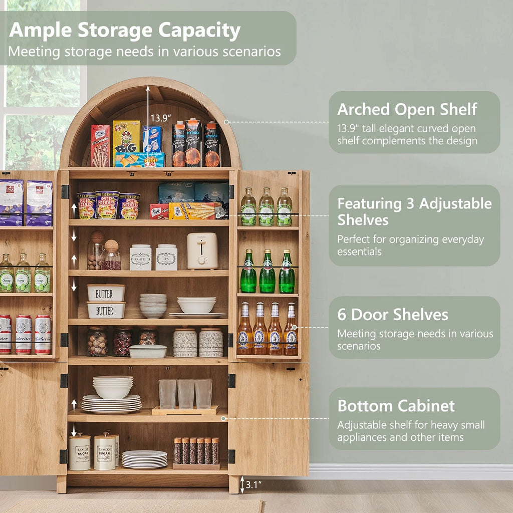 SinCiDo Arched Kitchen Pantry Storage Cabinet, 71-Inch Tall Wood Adjustable Shelves, 2 Doors, 2 Drawers