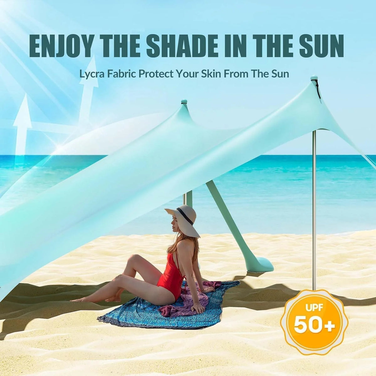 Beach Tent Canopy with 8 Sandbags 4 Aluminum Poles, Pop Up Portable Camping Sun Shelter, Easy Set Up with 2 Sand Shovel, Ground Pegs, Carrying Bag for Outdoor Beach,Picnic, Fishing