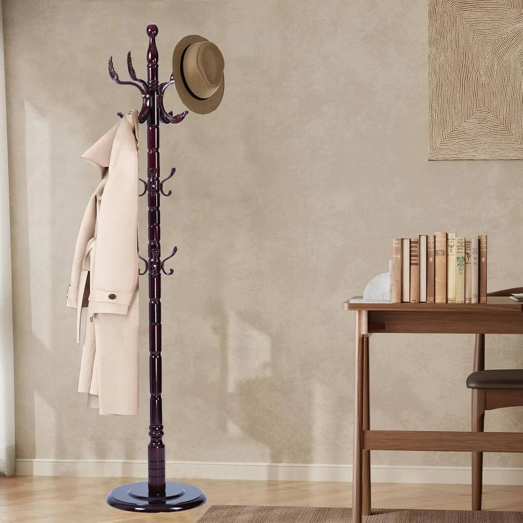 Coat Rack Freestanding, Hall Tree with 11 Hooks, Heavy Duty Wooden Coat Tree Stand, Adjustable Height, Sturdy Base for Bedroom Hallway Office - Load 270lbs