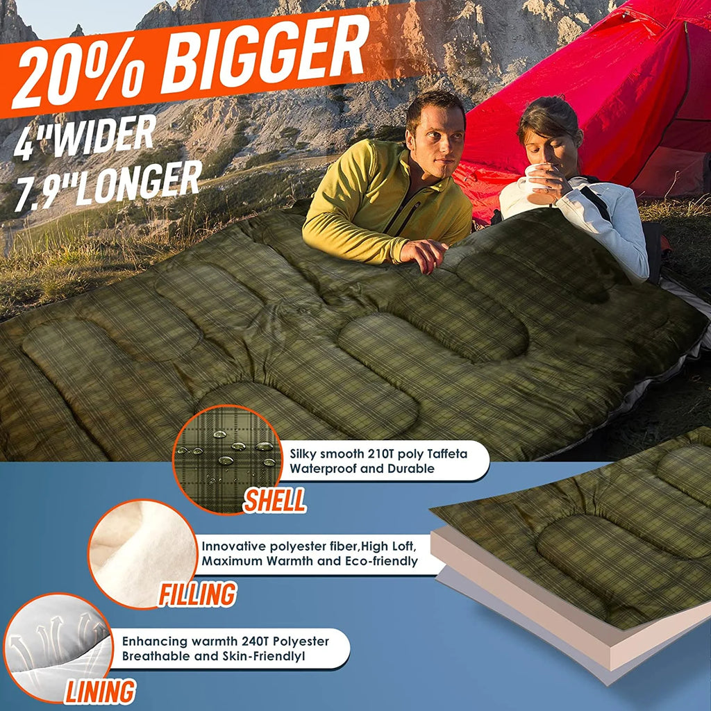 Double Sleeping Bag for Adults Mens with Pillow, XL Queen Size Two Person Sleeping Bag for All Season Camping Hiking Backpacking 2 Person Sleeping Bags for Cold Weather & Warm