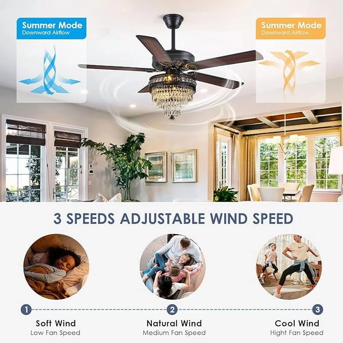 YIOSI 52" Crystal Ceiling Fan Fandelier with Remote Control, Modern Chrome Chandelier Ceiling Fan, Whisper-Quiet Motor, Reversible Blades, LED Lighting, Energy-Efficient, Elegant Living Room Fan