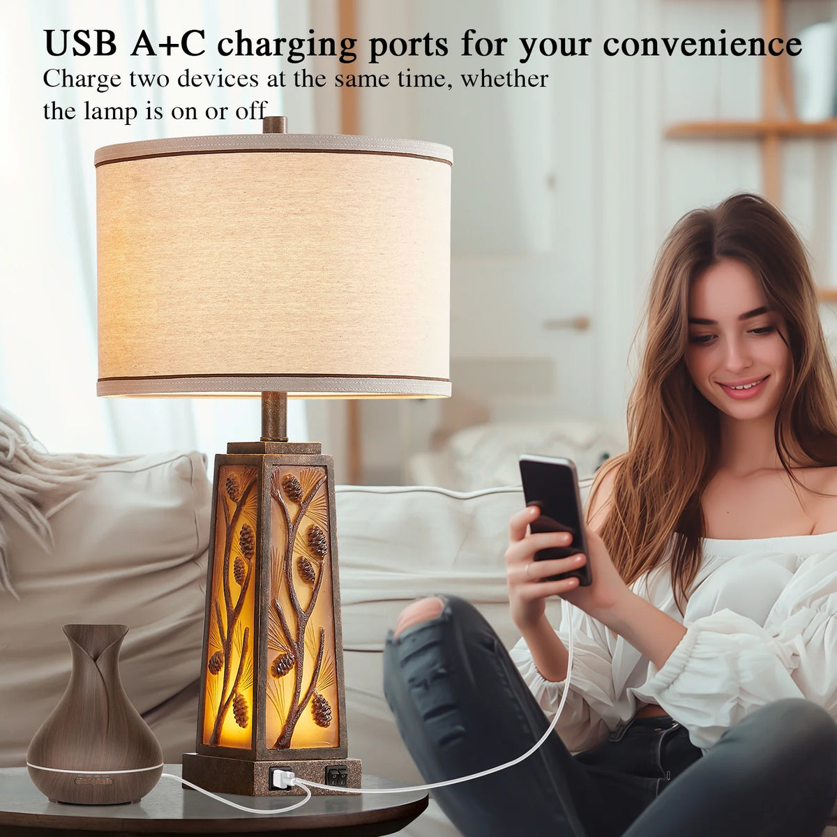 RORIA 24 Modern Living Room Table Lamp 2-Piece Set with 2 USB Charging Ports, Built-in White Frosted Glass with Night Light, Black Vintage Rustic Farmhouse Lamp for Bedroom Nightstand Lamps