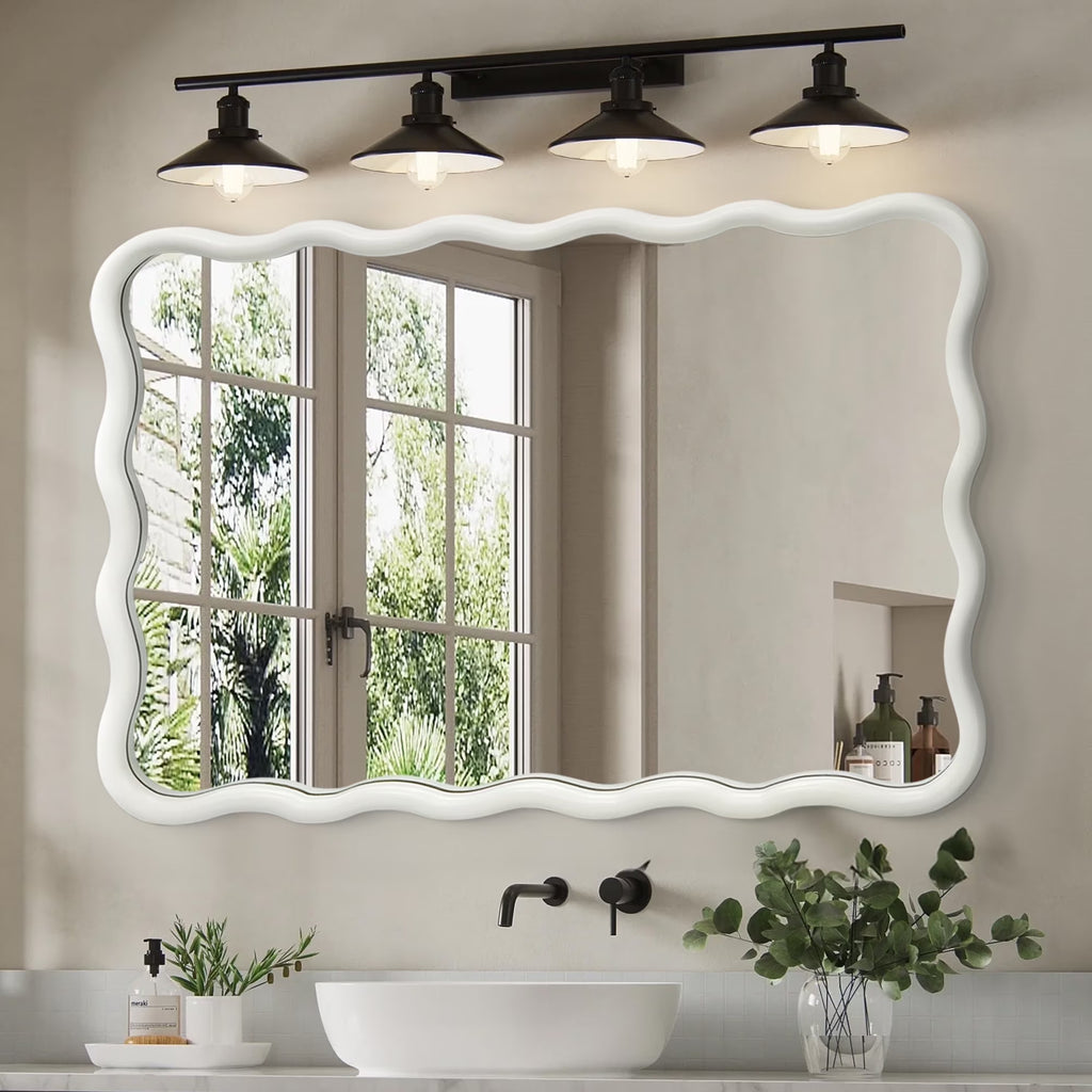 TEWLOSS Wavy Mirrors Wall Mirror, 30"x20" Bathroom Mirror Wood Framed, White