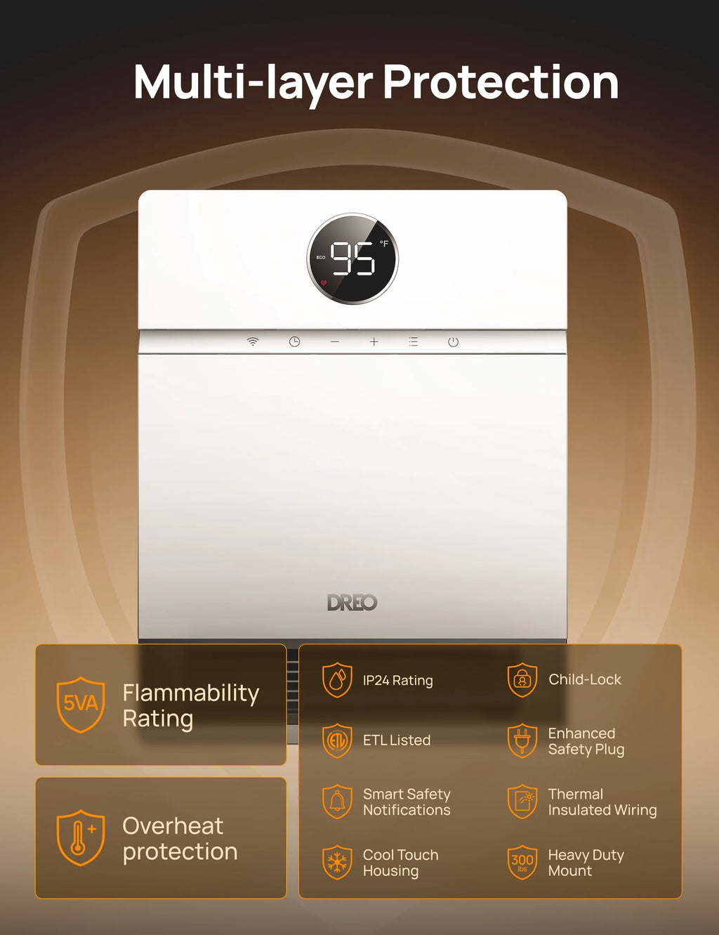 Dreo Smart Wall Heater, IP24 Electric PTC Space for Indoor Use, 30 Oscillation, Adjustable Thermostat, Remote Control, Works With Alexa, 24H Timer, Easy-Mounted for Bedroom, Office