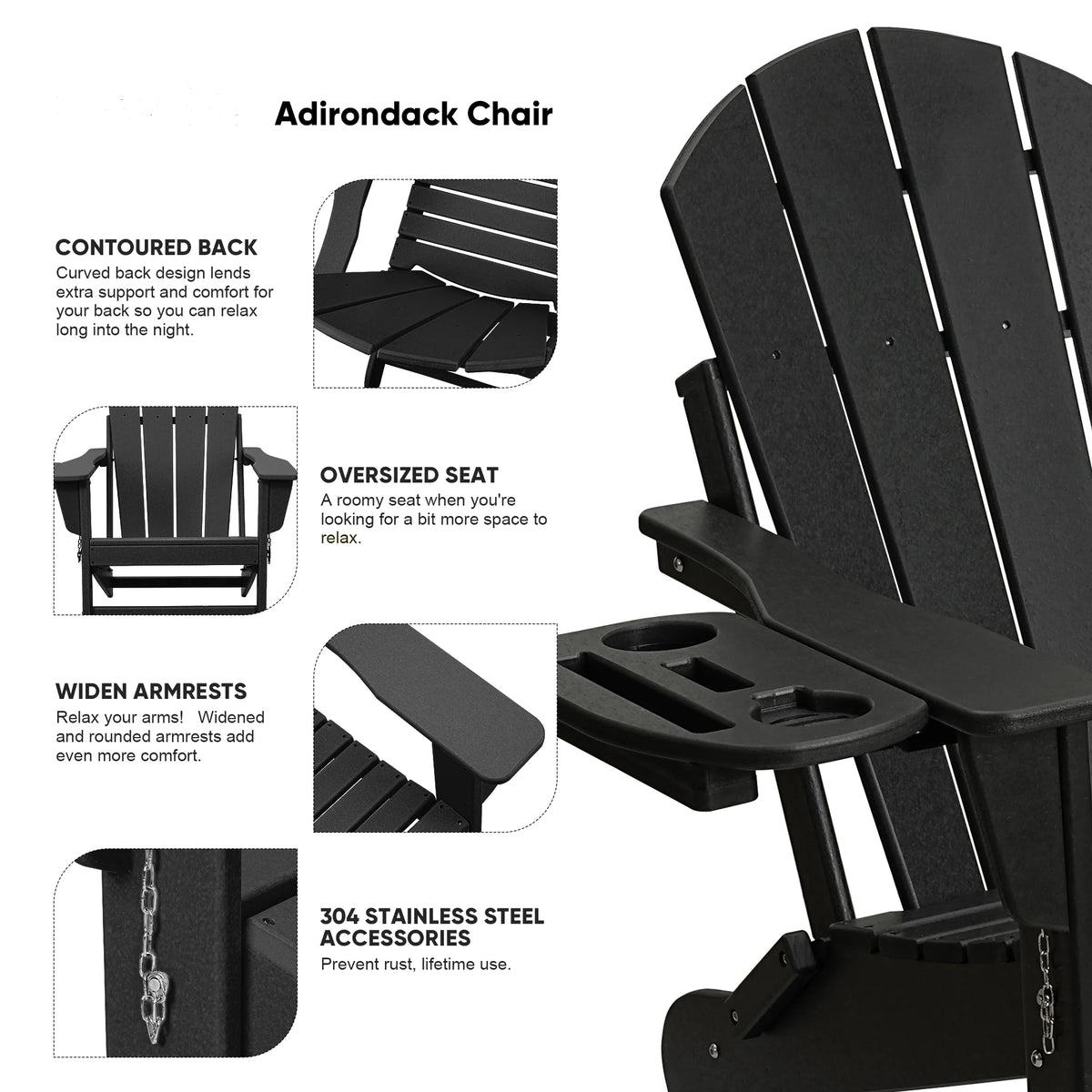 FOOWIN HDPE Plastic Adirondack Chairs Set of 4, Black
