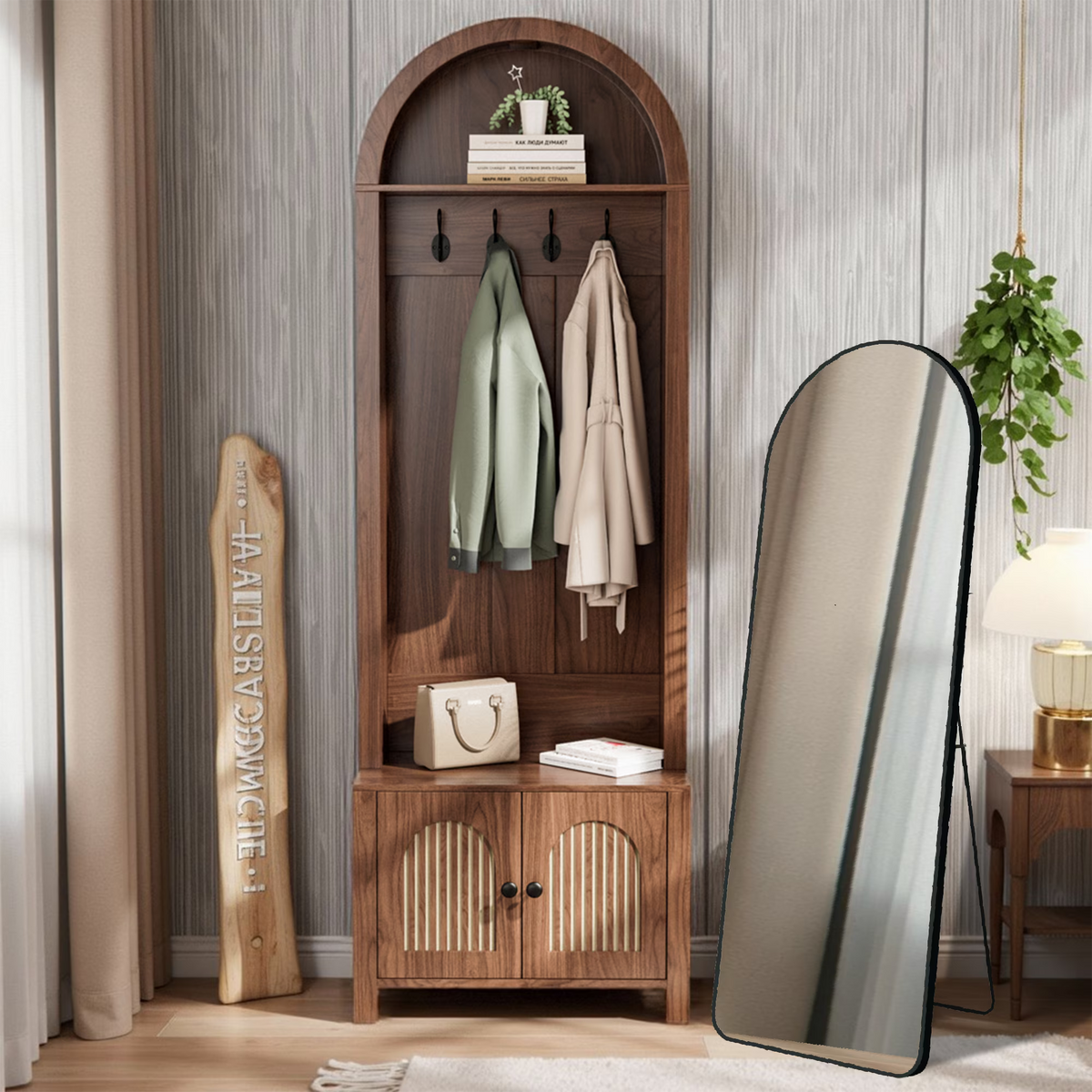 Diubas Arch Hall Tree with Bench and Shoe Storage, Farmhouse Coat Rack for Hallway, Entryway, Walnut