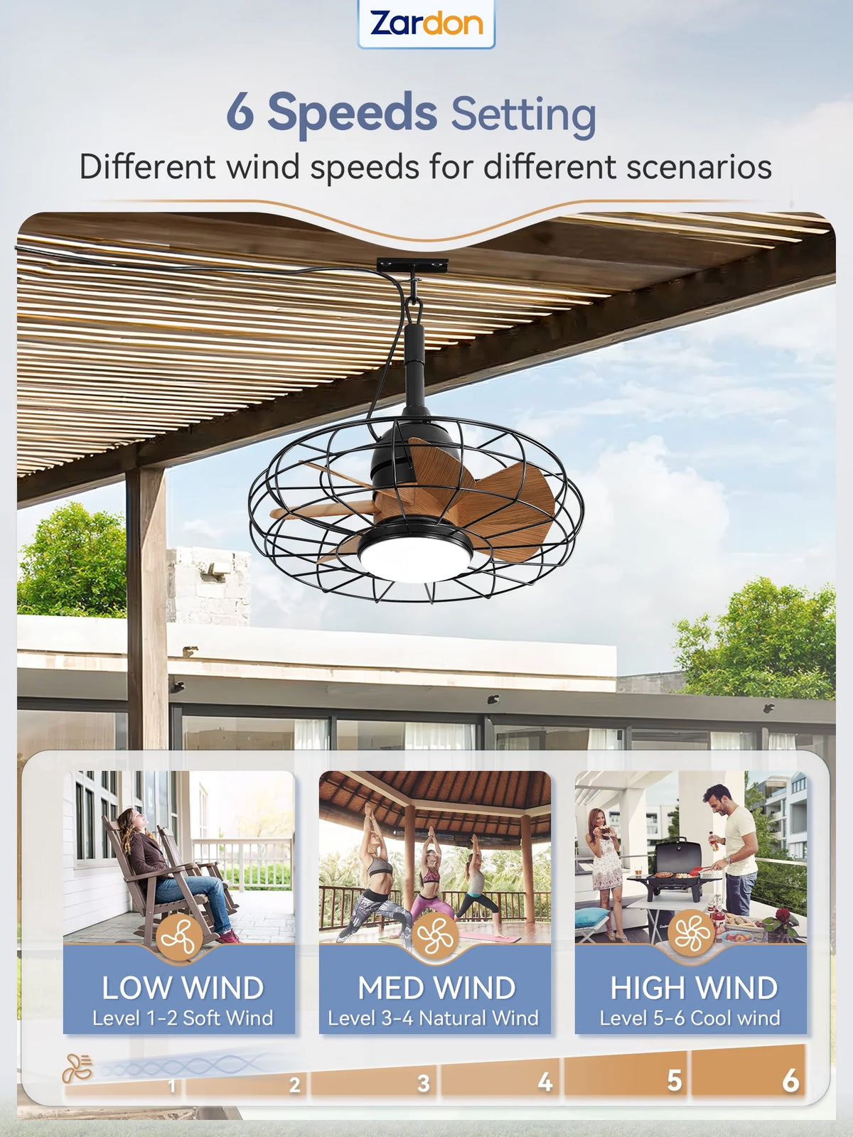 Zardon 20" Outdoor Ceiling Fan with Light and Remote, 7 Blades Caged Waterproof Gazebo Fan for Patio, Porch, Pergola Canopy, App Control