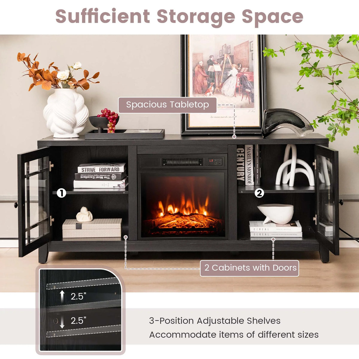 Costway 58 Inches Fireplace TV Stand for TVs up to 65 Inches with 1400W Electric Fireplace Natural