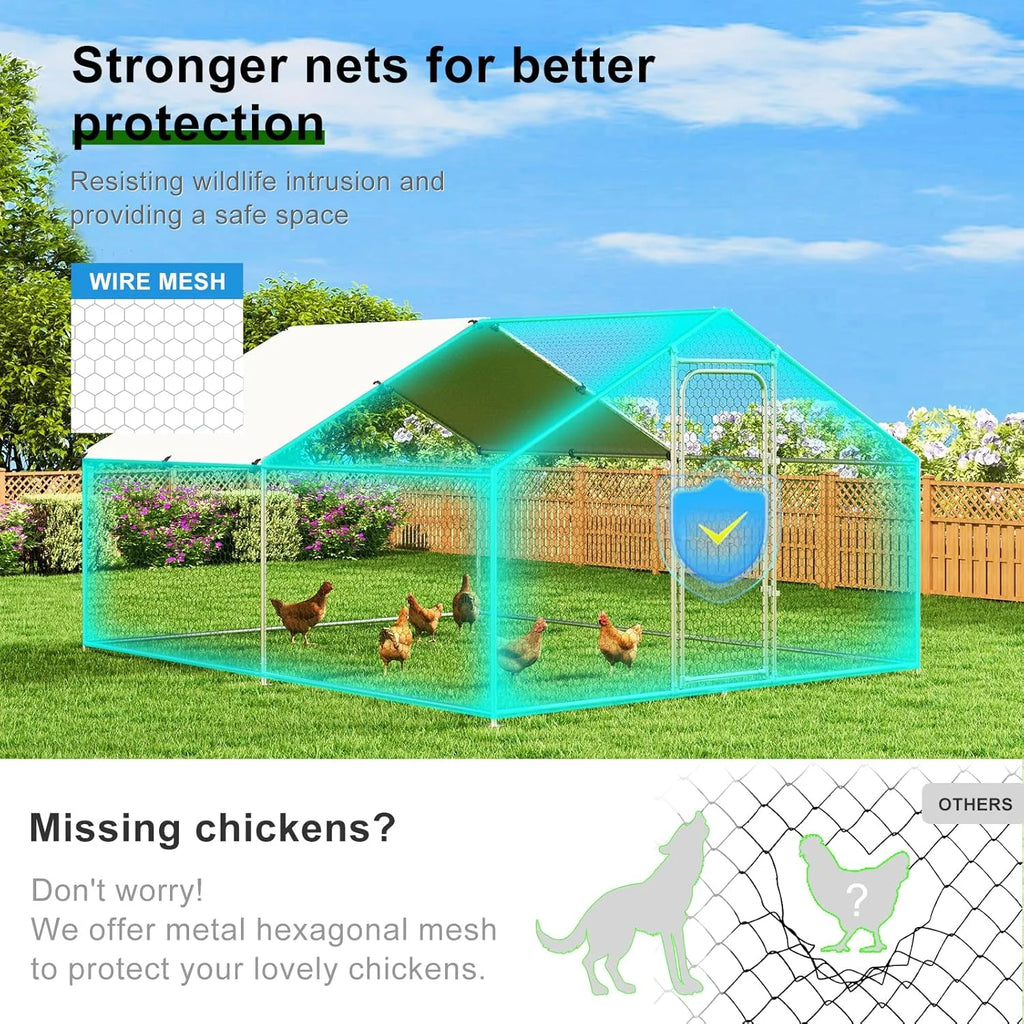 Large Metal Chicken Coop Walk-in Poultry Cage with Waterproof and UV-Resistant Cover Outdoor Chicken Run Hen Rabbit Duck House for Backyard Farm Use Spire Roof(10 W x 4.9 L x 6.4 H)