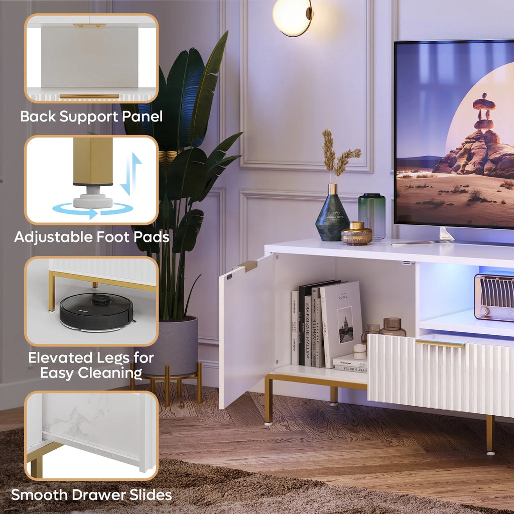Bestier 55" LED TV Stand for TVs up to 60" Modern High Gloss Entertainment Center with Drawers Cabinets Fluted TV Console, White & Gold