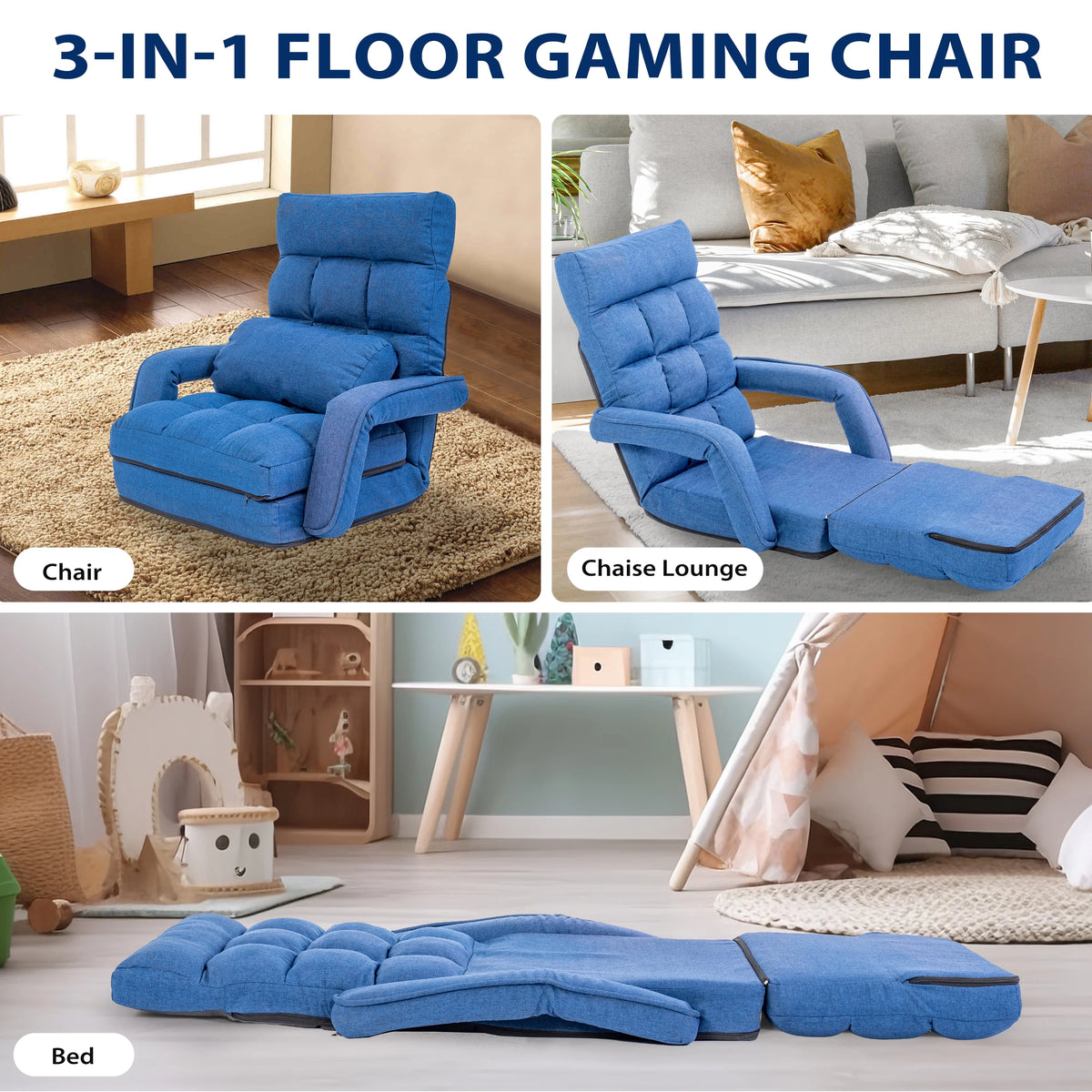 Prime Garden Floor Chair 6-Position Folding Gaming Chair for Meditation Indoor, Light Gray
