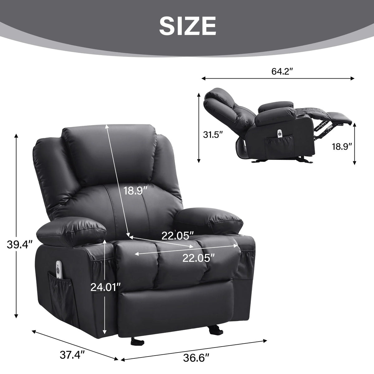 JONPONY Manual Recliner Chair with Heat Therapy and Massage Function, Heavy Duty Reclining Mechanism Massage Chair, Elderly Single Rocker Sofa with Cup Holders for Bedroom Home Theater,Black