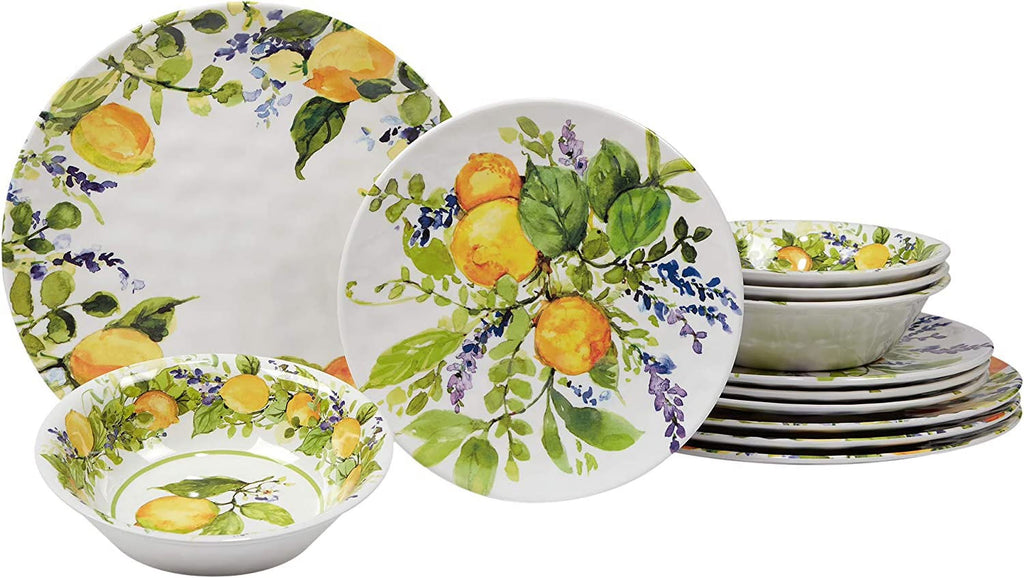 Certified International Lemon Zest 12 pc Melamine Dinnerware Set, Service for 4, Multicolor