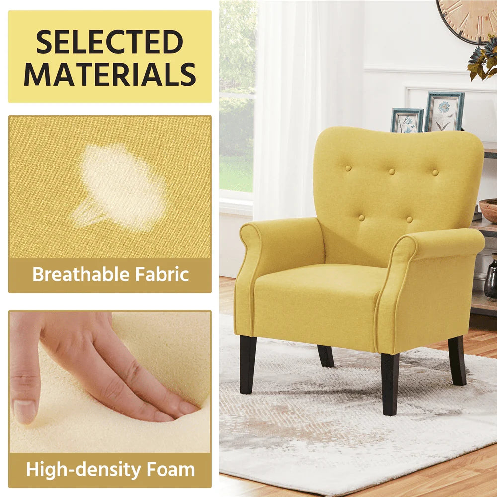 SMILE MART Mid-century Upholstered Fabric Accent Armchair for Living Room with Wooden Leg, Yellow