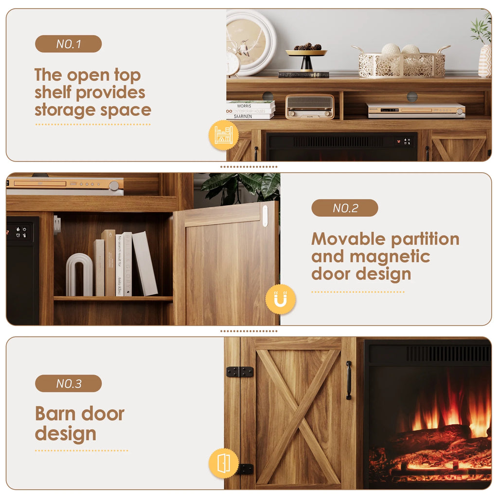 Homall Rustic 65" Television Stand with Electric Fireplace & 2 Shelves, Wood Oaken, 15.1'' W