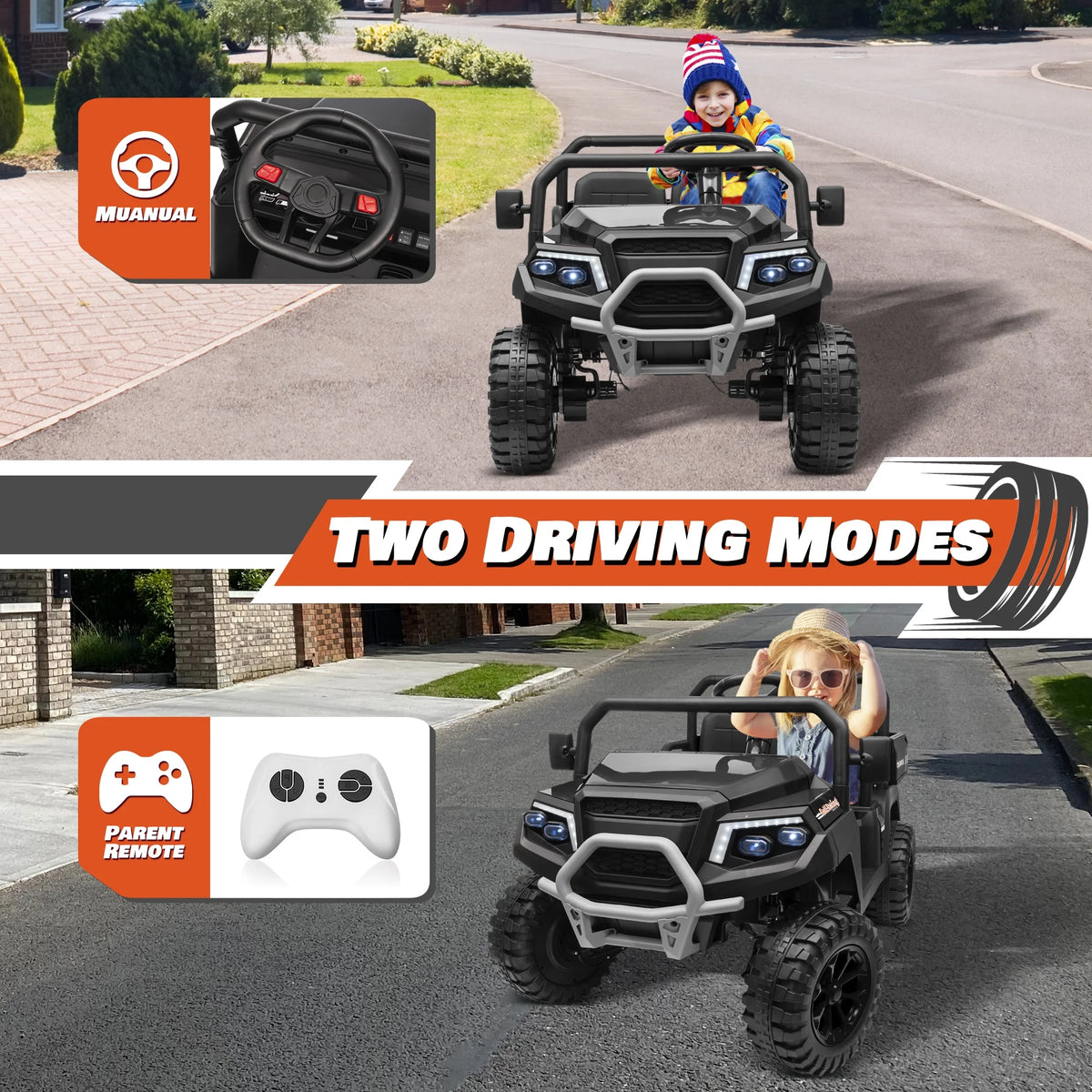 Joyracer 4WD 24 Volt Ride on Toys UTV with 2 Seater & Remote Control, Kids Electric Golf Cart w/ 4x200W Power Motors, Tiltable Trailer & Shovel, 4 Wheels Spring Suspension, Bluetooth USB Music, Black