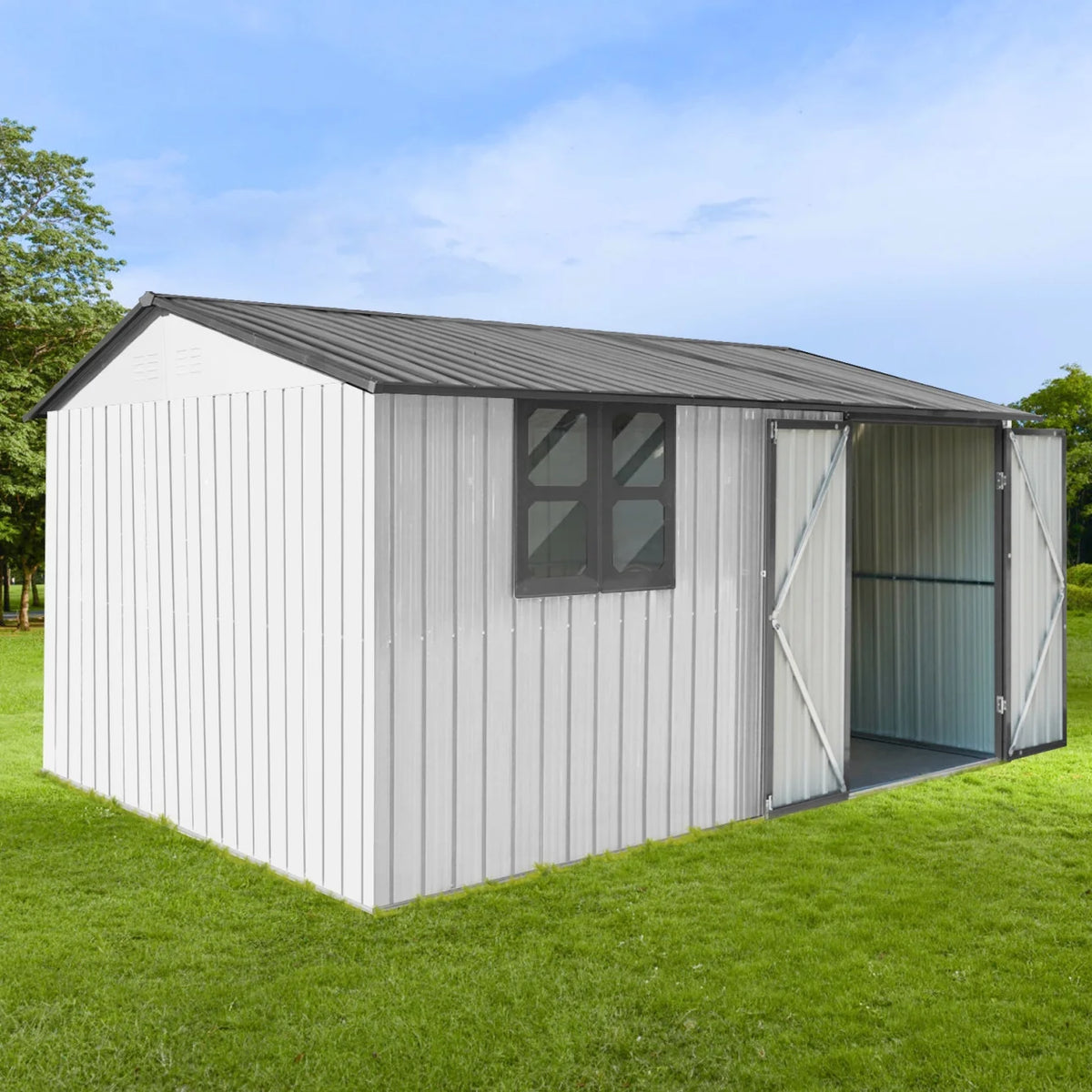 10x12 FT Outdoor Storage Shed, Metal Garden Tool Shed with Vents, Window and Bulit-in Hooks, Waterproof  Organization for Home/Backyard/Garden Tools/Lawn Storage, Yellow+White