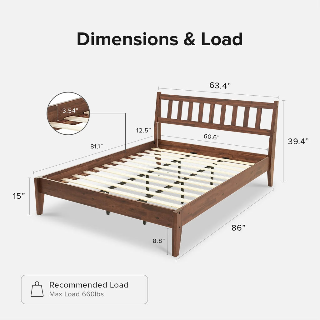 Mopio Ted Queen Bed Frame with Headboard, Full Size Bed Frame, Mid Century Modern Acacia Solid Wood Platform Bed Frame, Wooden Bed Slats, No Box Spring Needed, Double Metal Bar Support, Walnut